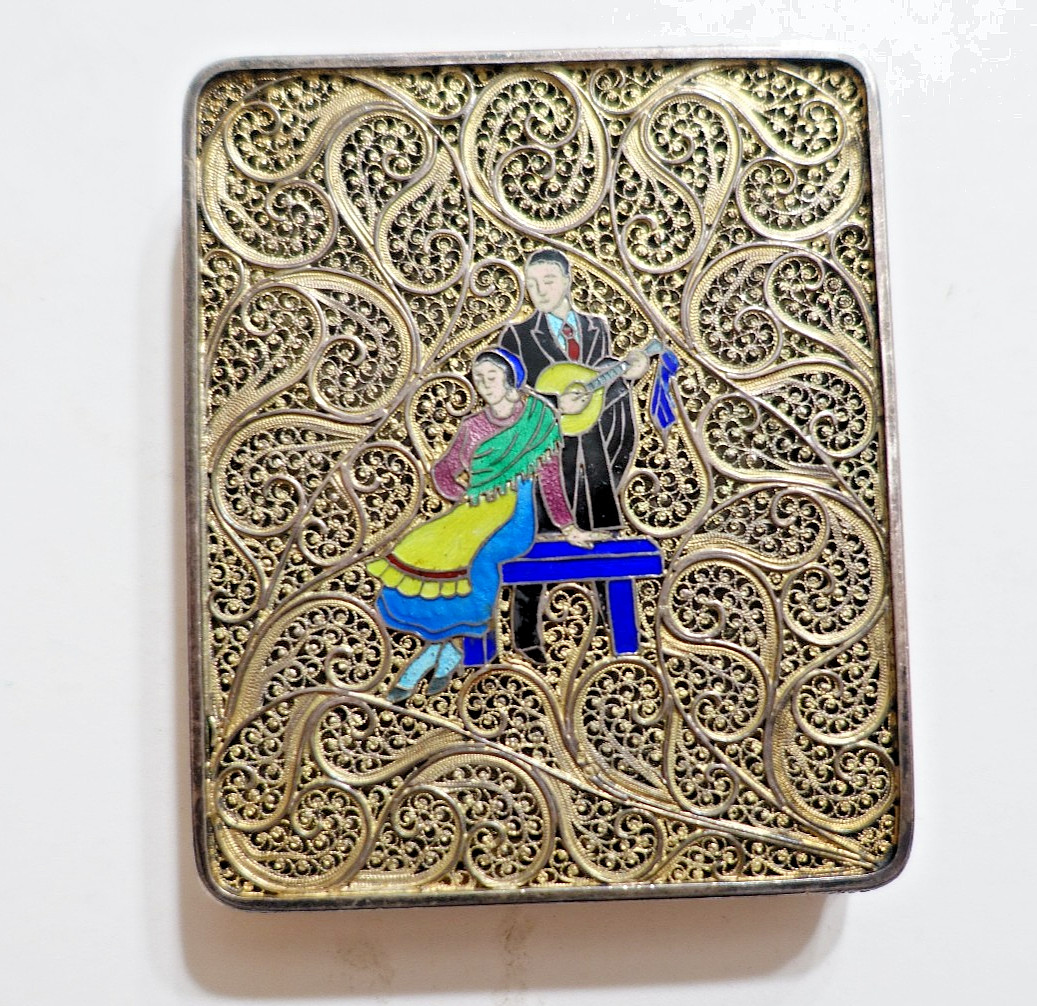 Filigree & Enameled Coin Silver Cigarette Case w/Spring And Hinged Lid- Mandolin