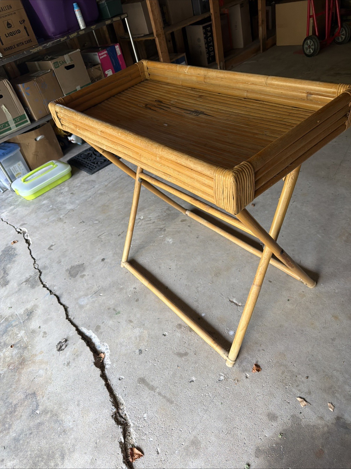 Vintage MCM Natural Bamboo Rattan Folding Table Boho Chic Decor 25” Tall