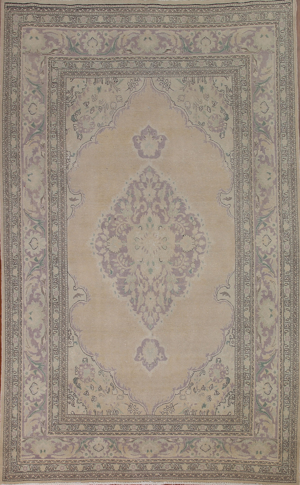 Hand-Knotted Wool Carpet Beige Geometric Beige Distressed Area Rug 7×10 Ft
