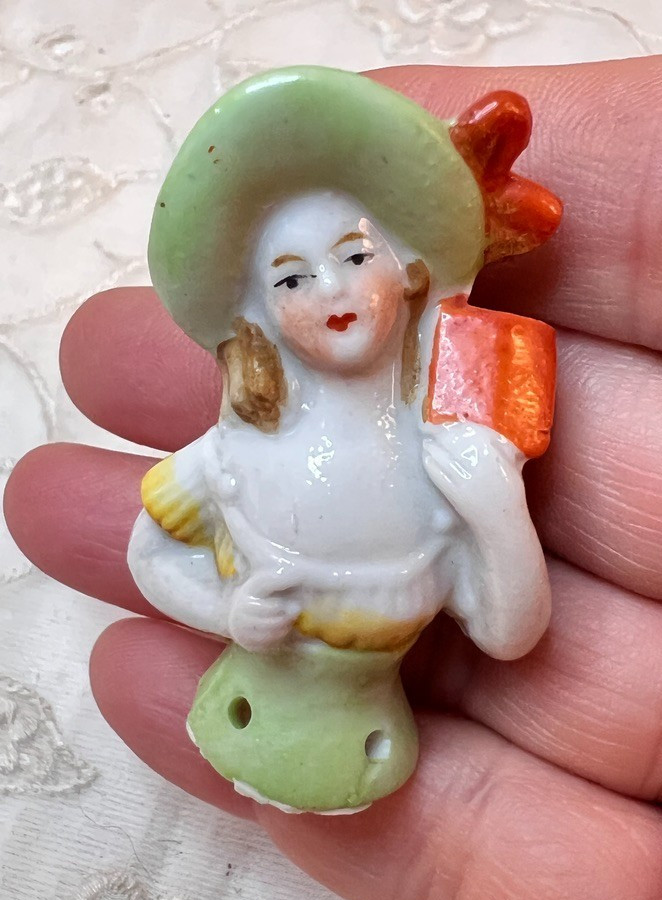 Vintage Porcelain Pin Cushion Doll Green Hat Half Doll Approx 2″H