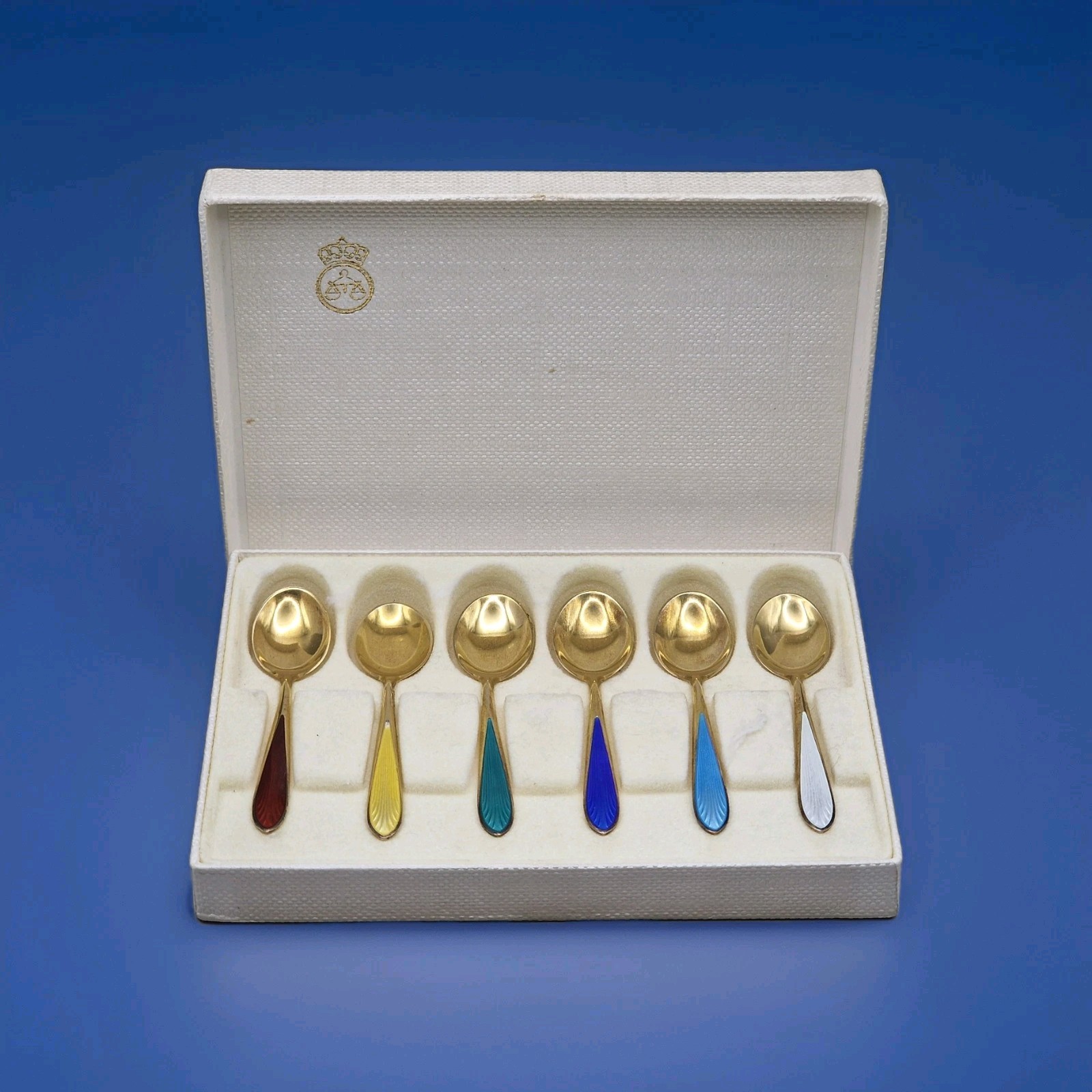 Boxed Set of 6 David Andersen Norway 925 Silver Gilt Guilloché Enamel Teaspoons