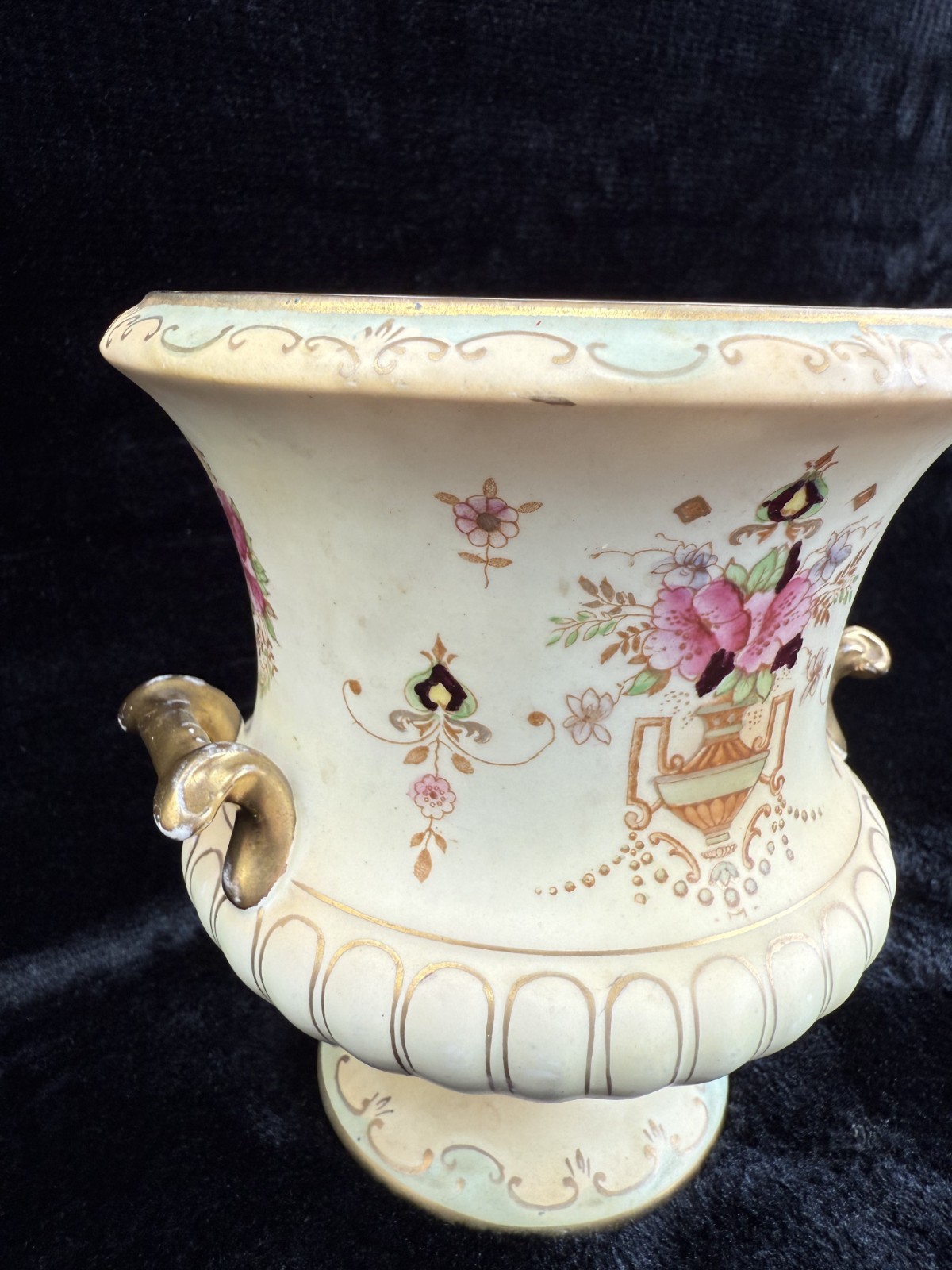 Antique Crown Devon “Dora” Pattern Urn Vase Gilded Floral Pottery c. 1914 Origin