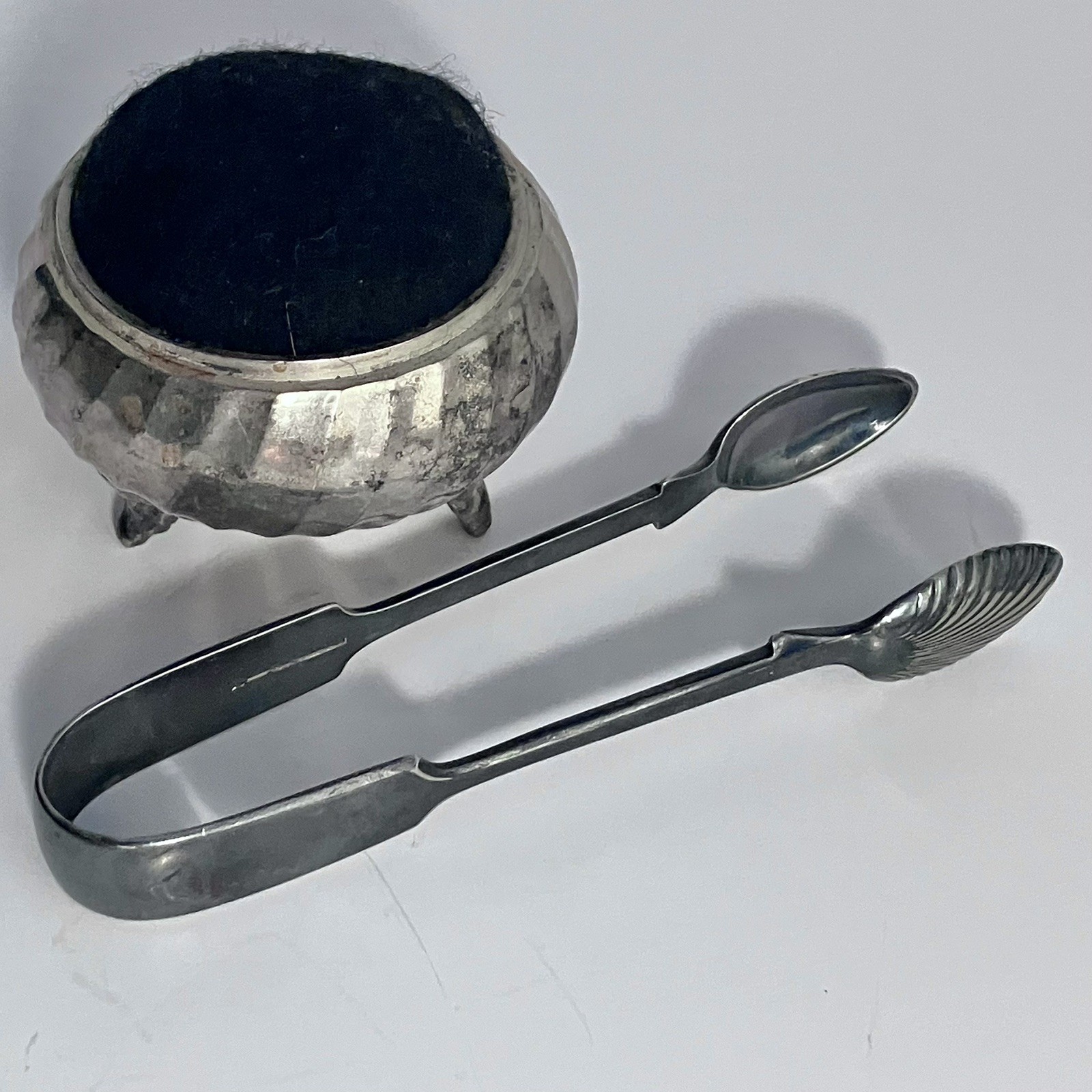 2 Antique SILVER-PLATE ITEMS / Sugar Bowl Pin Cushion & MAPPIN WEBB Sugar Tongs