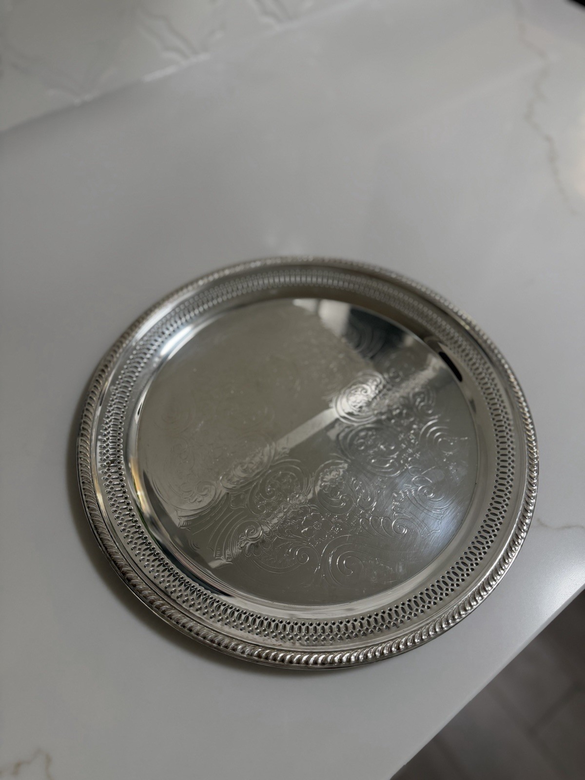 Vintage FB Rogers Silver Co 6724 Silverplate Serving Tray Round Pierced Floral