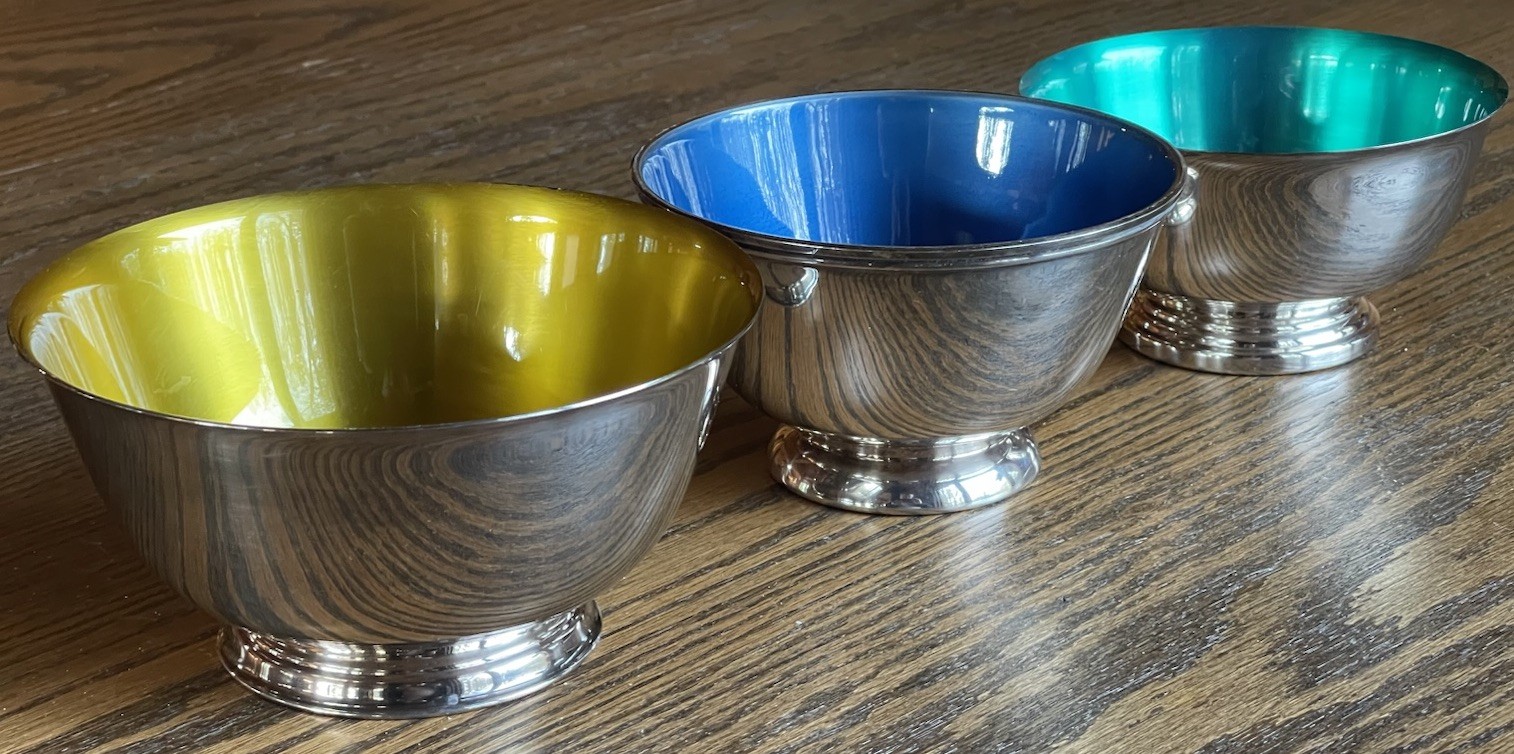 Lot of 3 Vintage Paul Revere Reproduction Silverplate Bowls Colored Enamel MCM