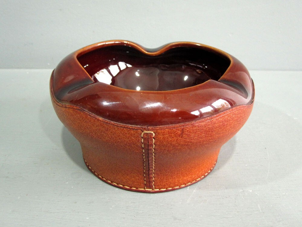 Rare vintage LONGCHAMP leather covered terracotta ceramic ashtray or small bowl