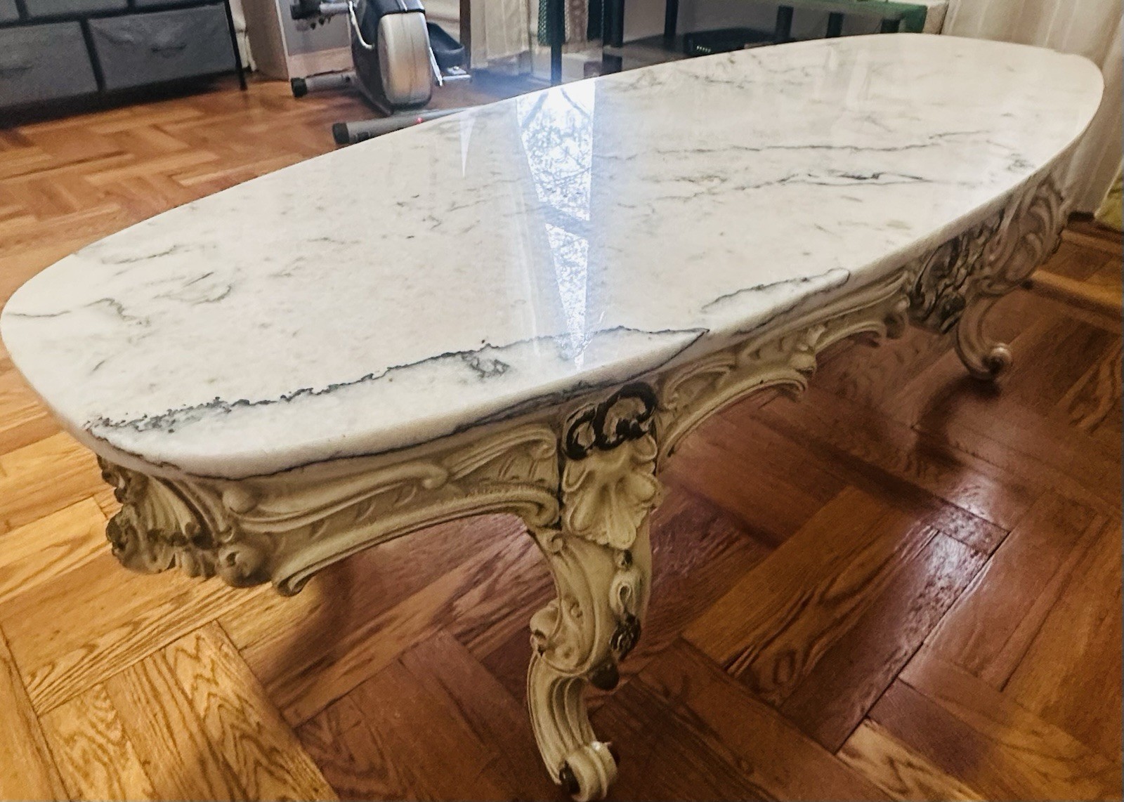 Antique Victorian Marble Top Oval Accent Table with Ornate Carvings 1900-1919