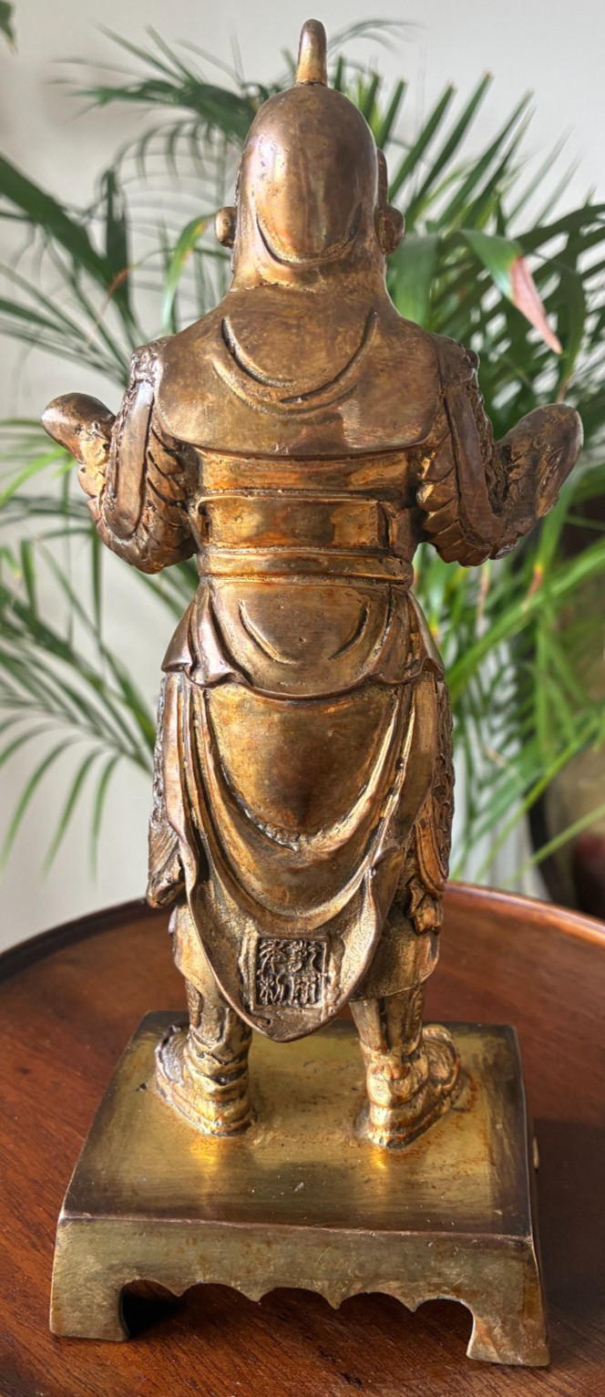 Antique Chinese gilt bronze figure of Buddhist Guardian Weituo Pusa, 23.5cm high