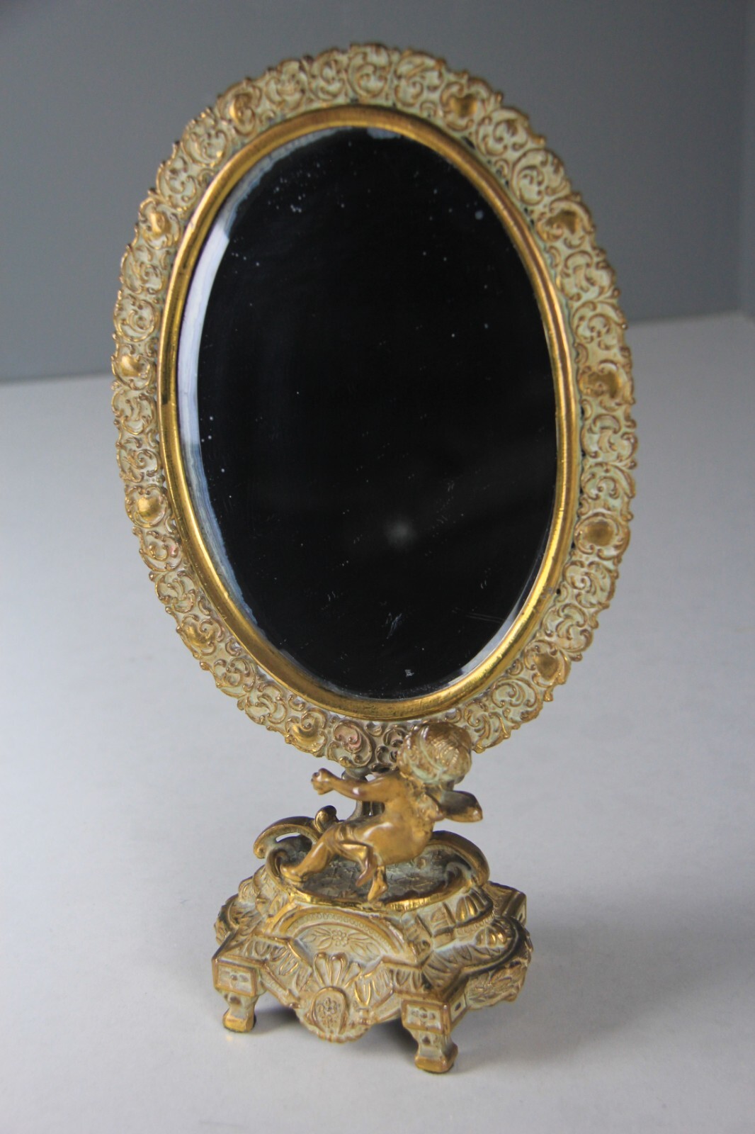 Rare Antique AMW Gold- Plated Vanity Table Mirror with Cherub at the Base