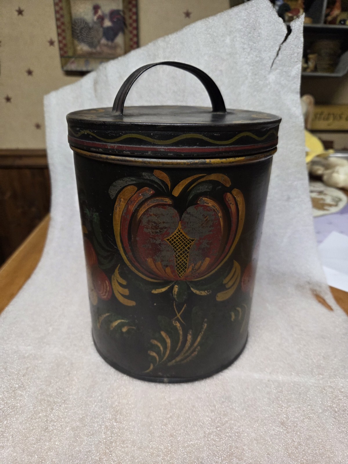 Antique Toleware? Folk Art Hand Painted Round Tin Storage Canister