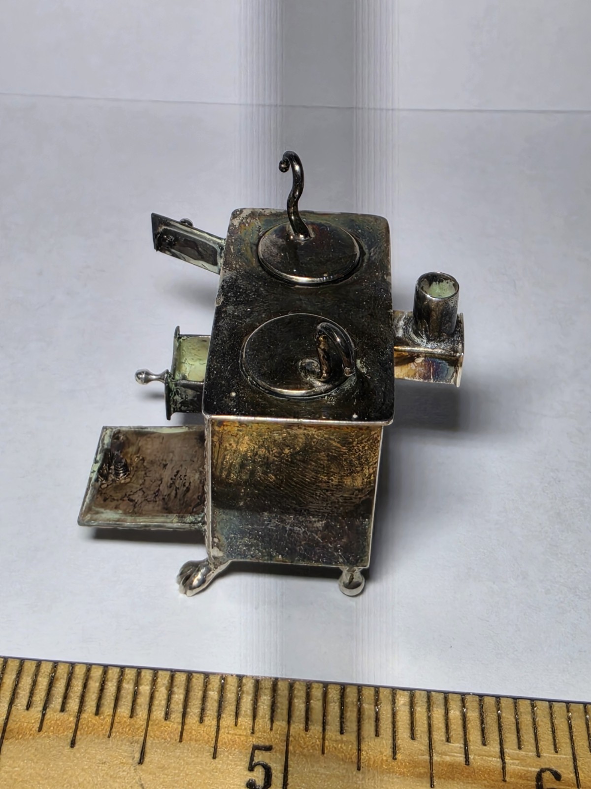 Antique Dutch Sterling Silver Miniature Wood Stove Oven Dollhouse 25.09g