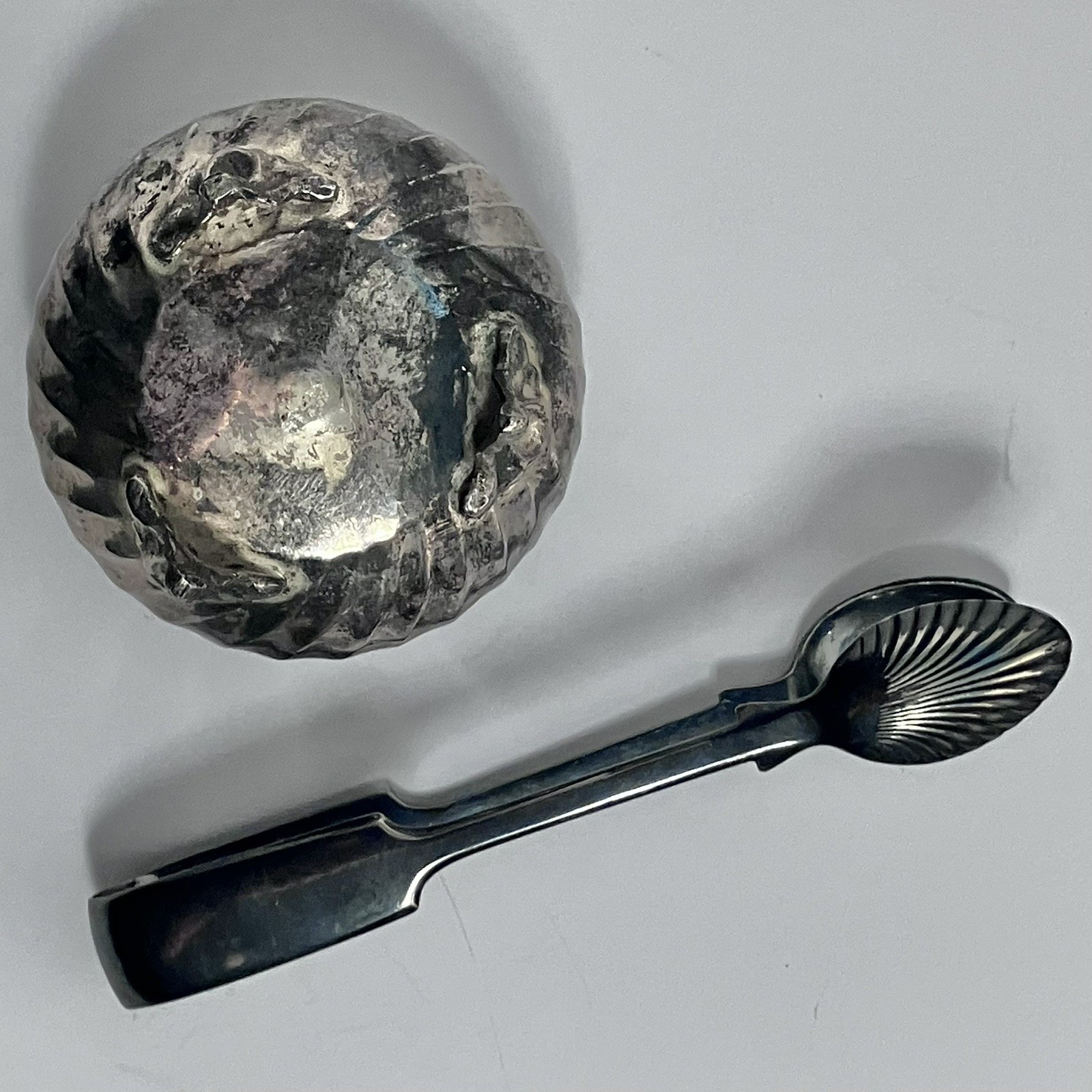 2 Antique SILVER-PLATE ITEMS / Sugar Bowl Pin Cushion & MAPPIN WEBB Sugar Tongs
