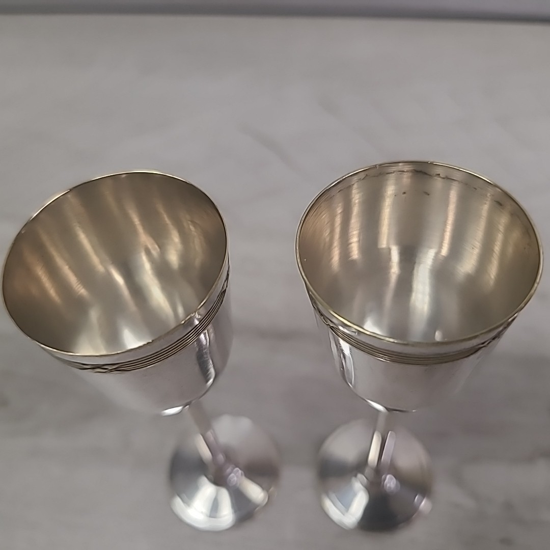 Silver Plated Cordial Goblet Set of 2 / Marked “Minerva” 1 Oz Shot 4.25″
