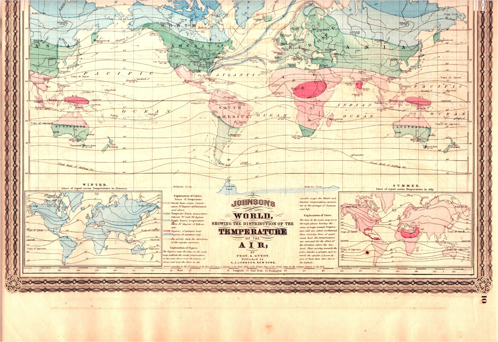 1870 World Map — Climate & Ocean Currents, A.J. Johnson-Hand‑Colored Engraving