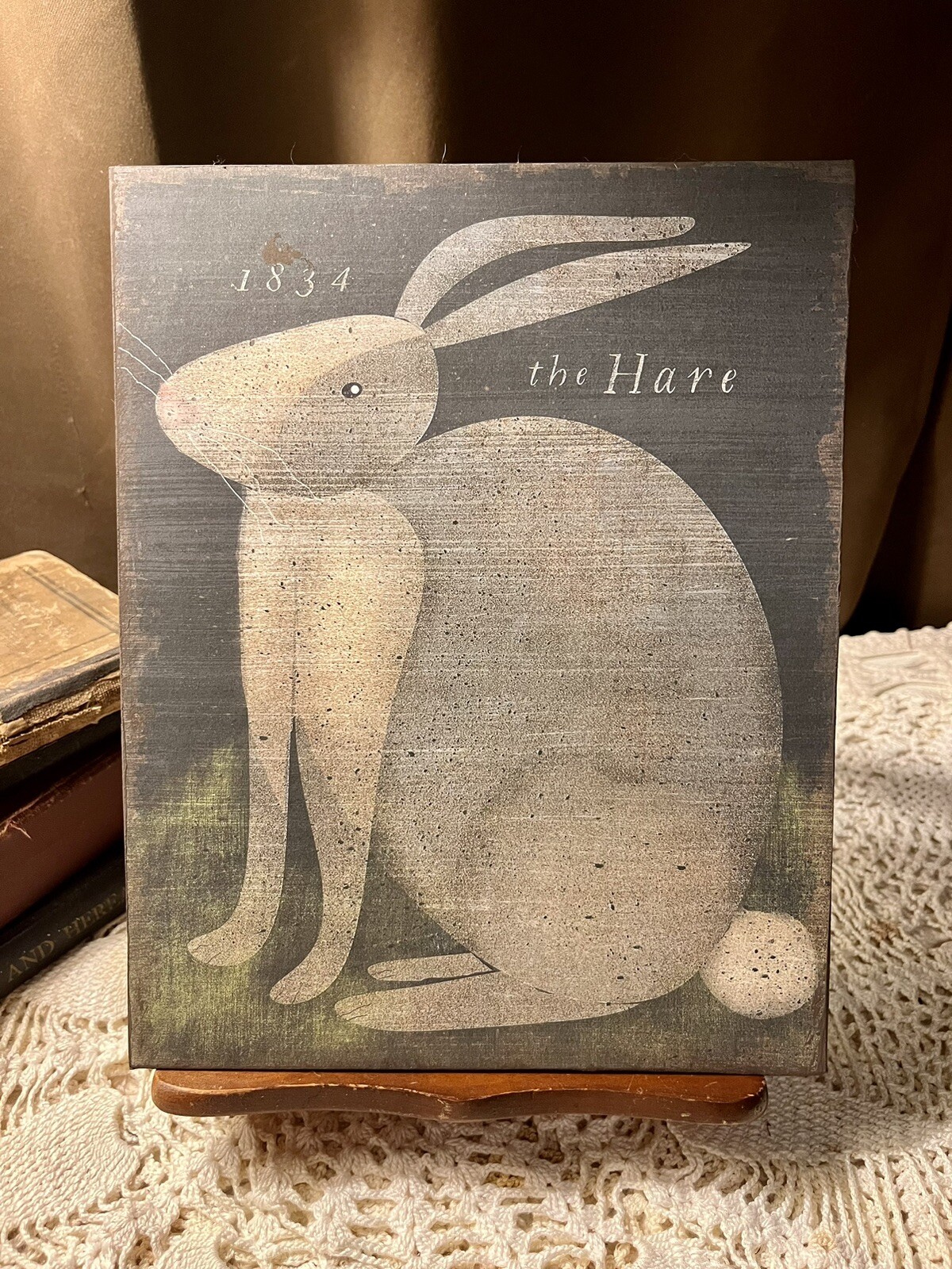PRIMITIVE Folk Art, The Hare 1834, Rabbit , Artist Canvas Board Sign