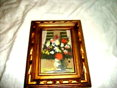 Miniature Oil Painting Floral J Brioni Listed Artist Mid Century Carved Wood MCM
