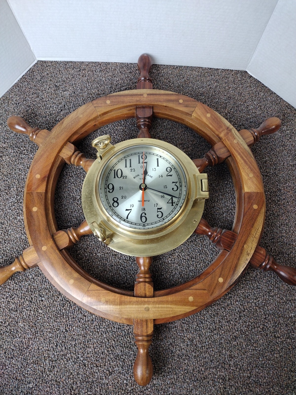 VTG Brass Porthole 2 Dog Legs Maritime Nautical USA Ship’s Wheel Wooden Clock