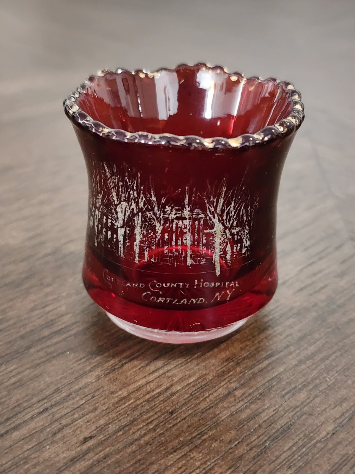 Antique Ruby Red Etched Souvenir Glass Cup- Hospital- Cortland, NEW YORK 2.25″