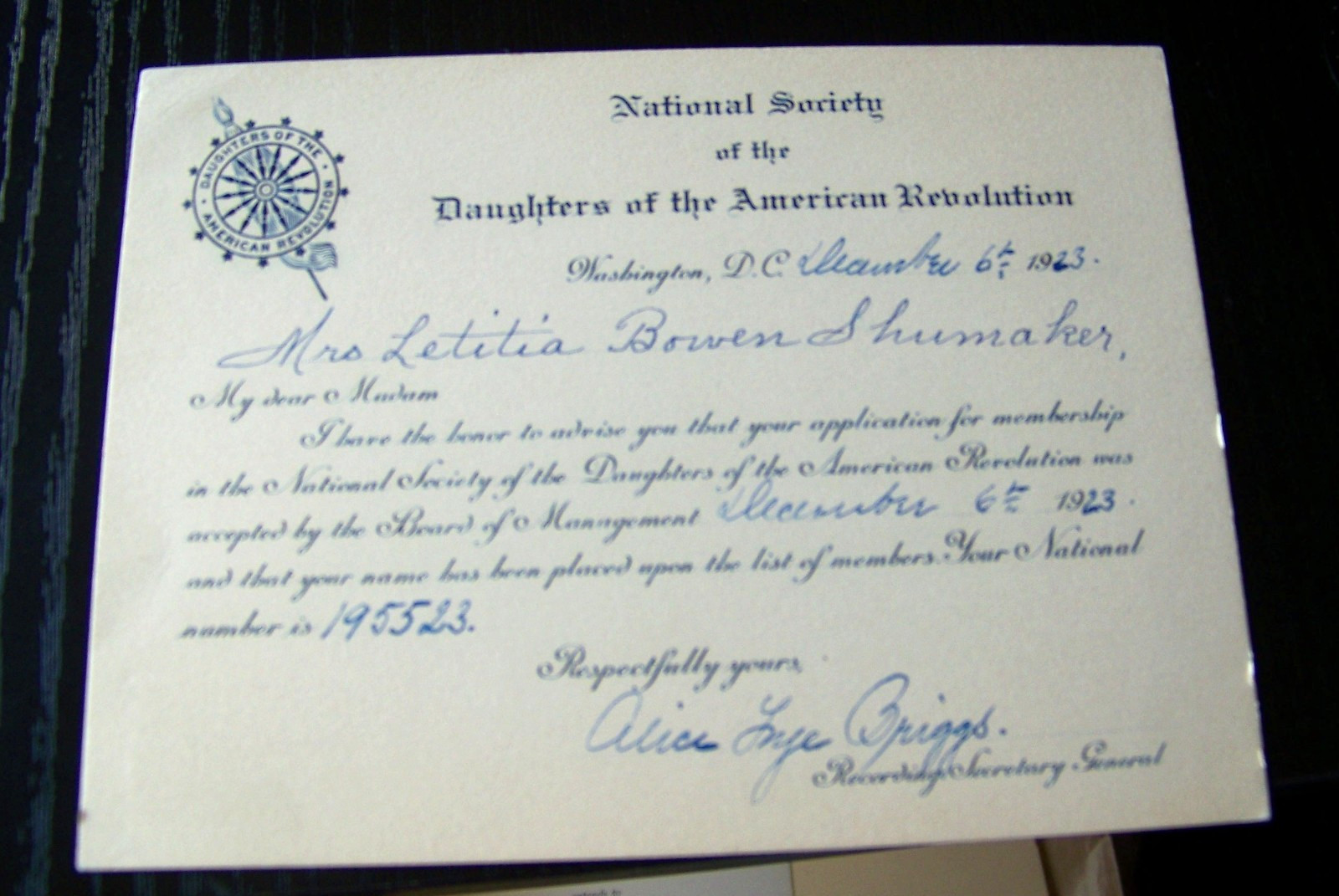 National Society Daughters of the American Revolution 1923 CARD L Bowen Shumaker