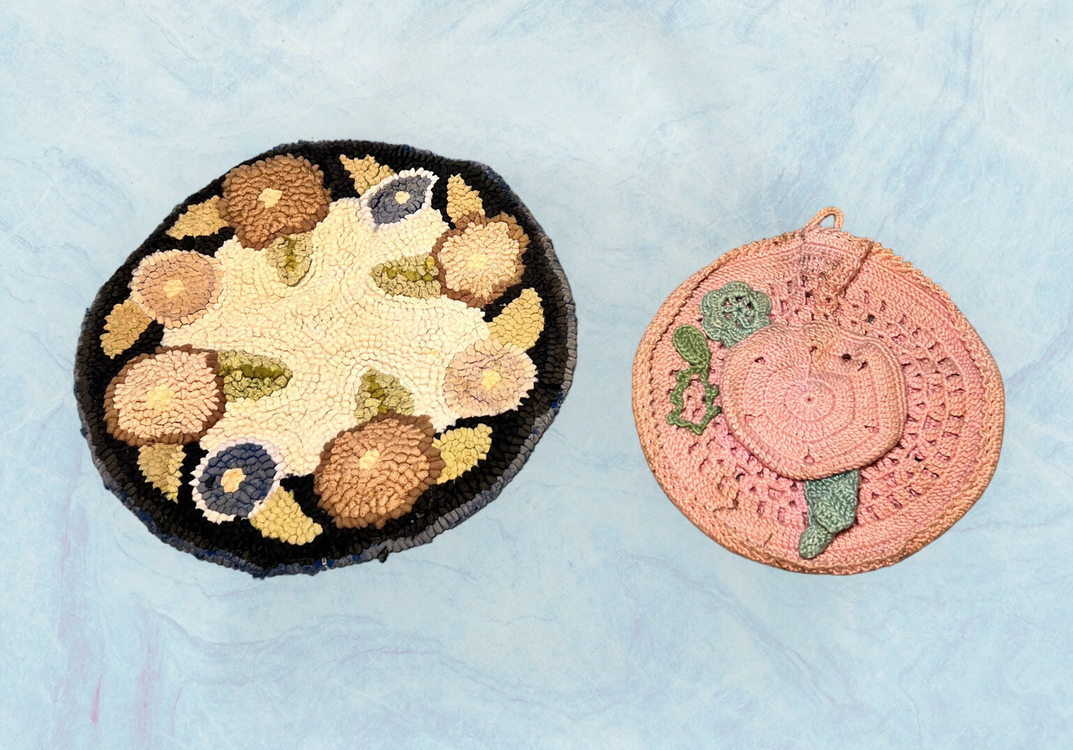 Lot Of 2 HAND HOOKED Antique Rug TABLE MAT Doll House 6” & Crochet Wall Hanging