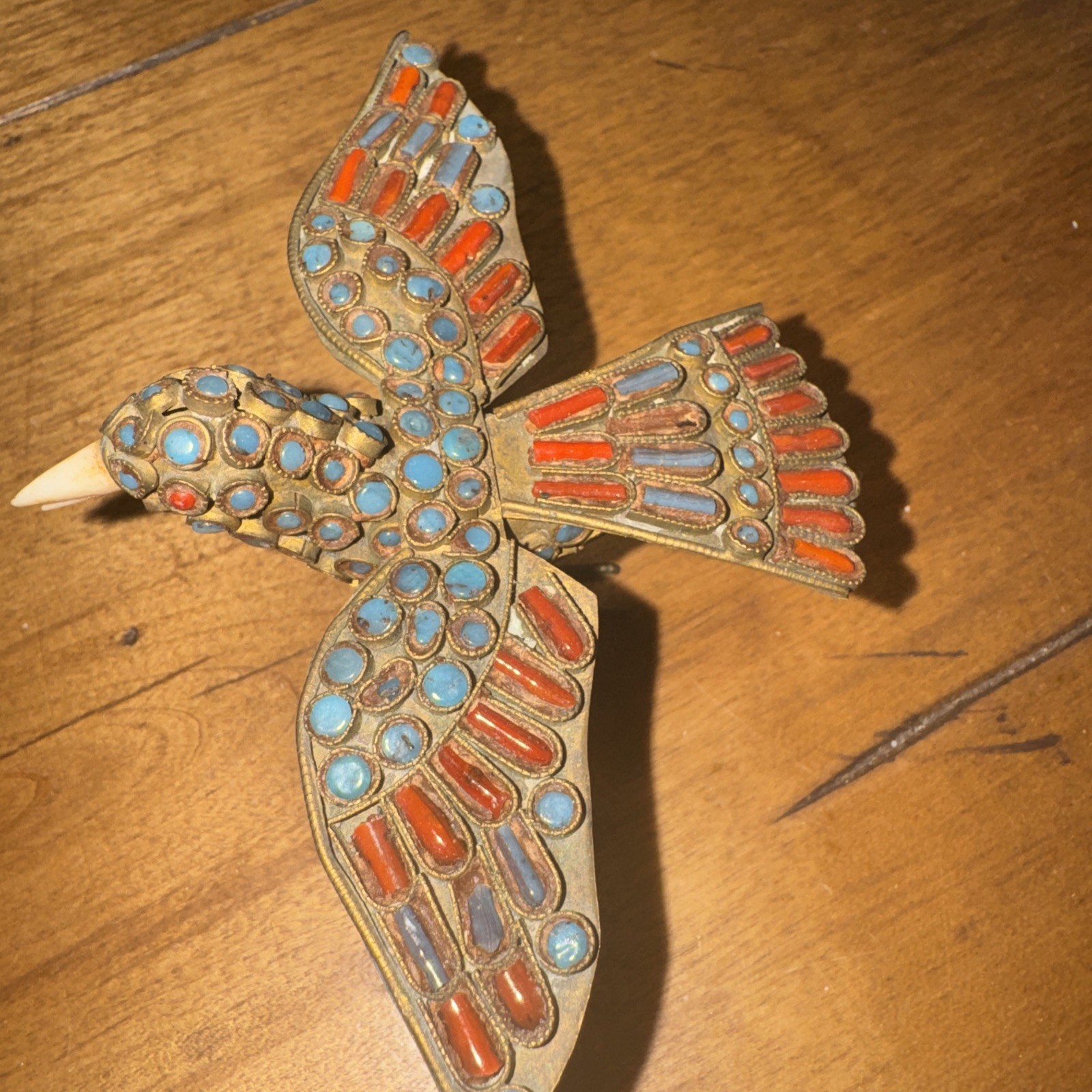 Handmade Brass Turquoise Coral Glass Decorated Hawk Bird Ornament Middle Eastern
