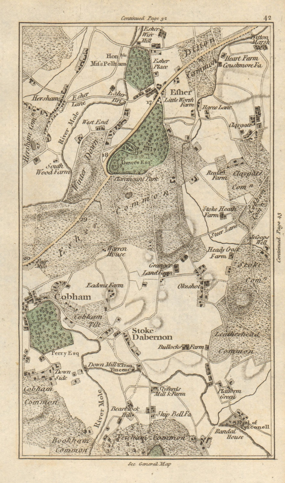 ESHER Cobham Walton-on-Thames Stoke D’abernon Bookham Leatherhead CARY 1786 map