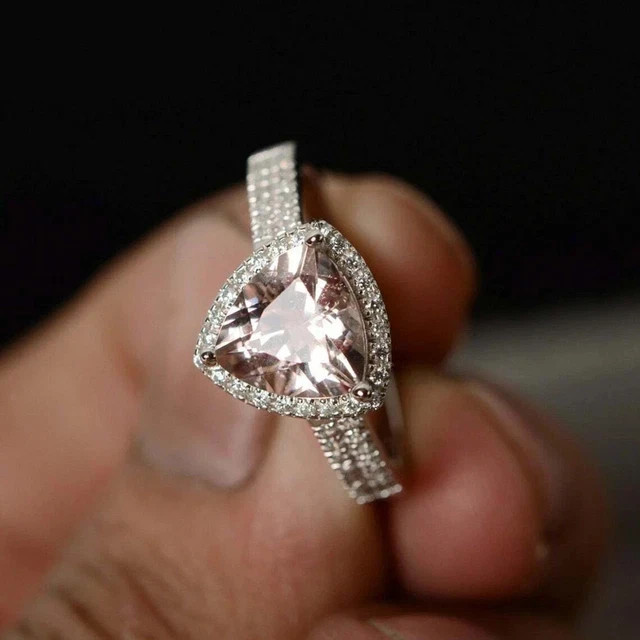 Trillion 3Ct Lab Created Morganite Halo Women Ring 14k White Gold Plated Silver