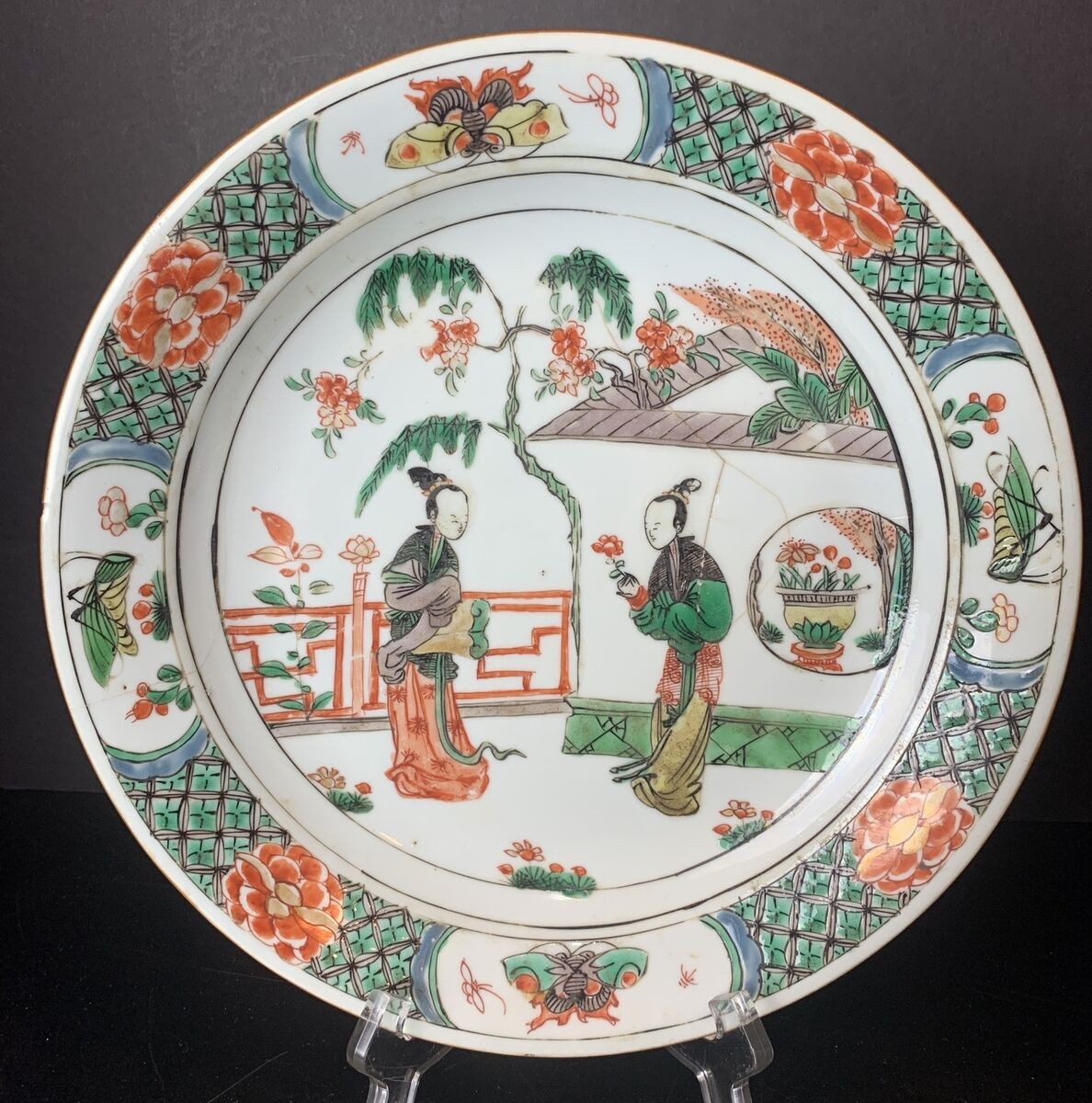 Antique Qing Dynasty 18th C. Porcelain Charger Dish Bowl Famille Vert Wu cai