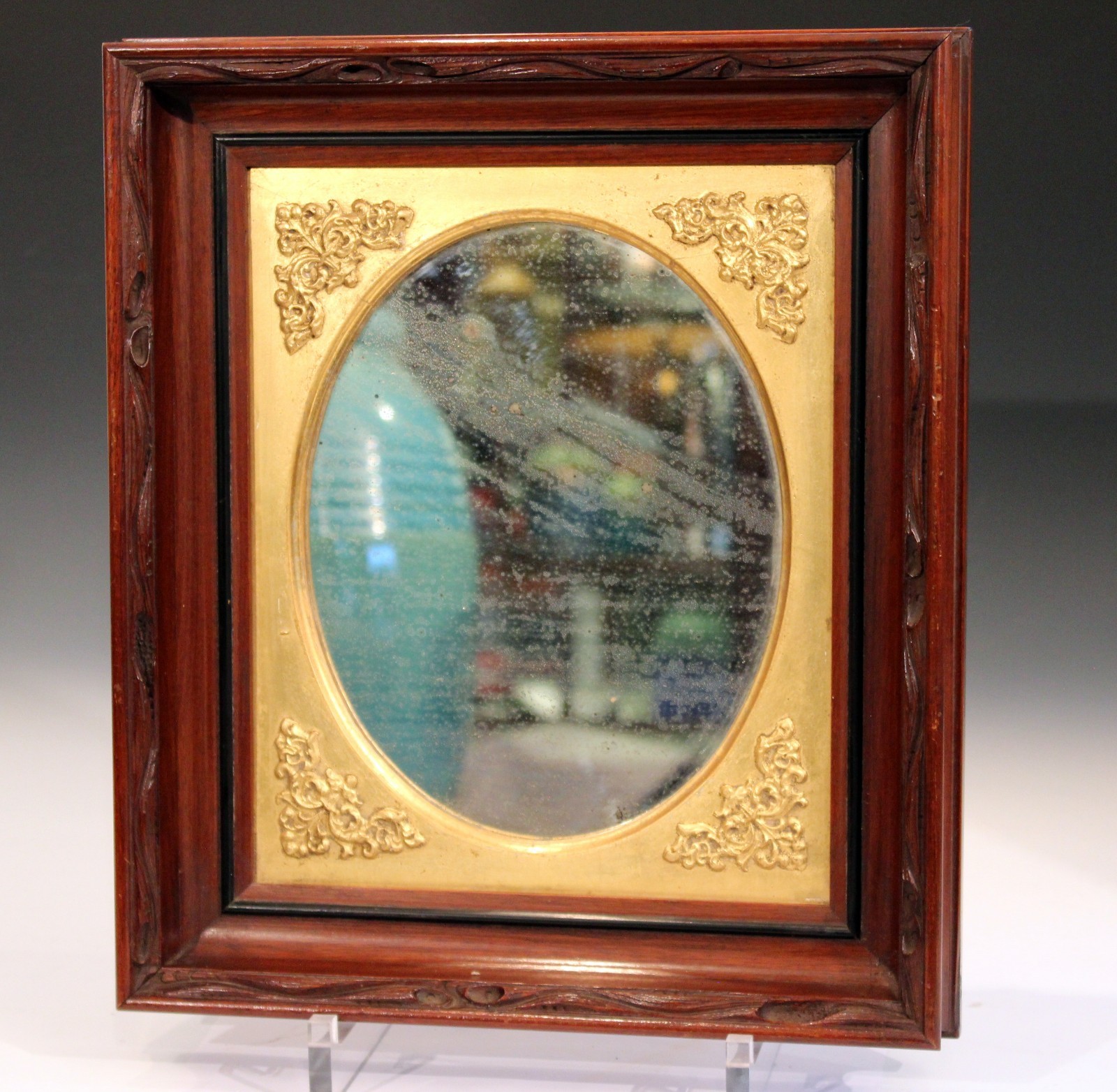 Antique Oval Mirror Old Glass Carved Mahogany Frame Early New England 19th C