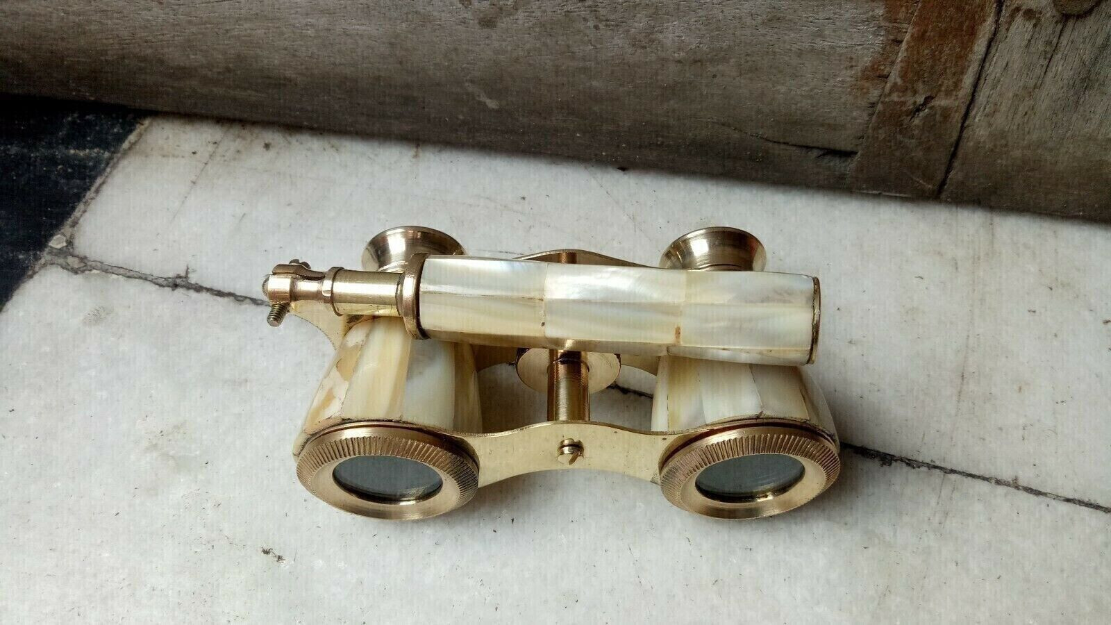Vintage Style Brass Opera Glasses Binoculars White Mother of Pearl & Handle Gift