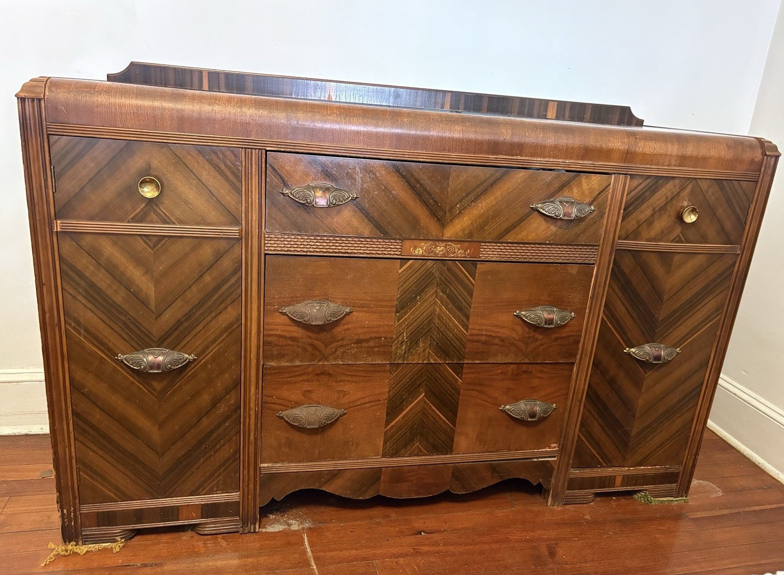 Antique Art Deco Waterfall Dresser Mahogany Chevron Pattern 6 Drawers