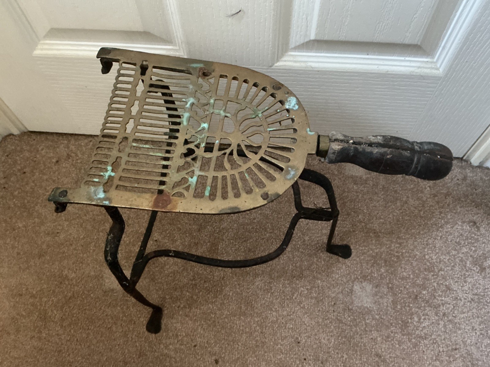 Antique Fireplace Hearth Standing Trivet Brass Wrought Iron Wood Handle Warmer