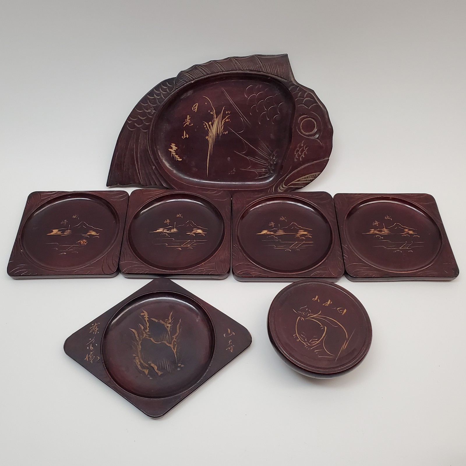 7pc 1920-30s Vintage Japanese Urushi Souvenir Lacquer Oban Trays Lot Fish Square