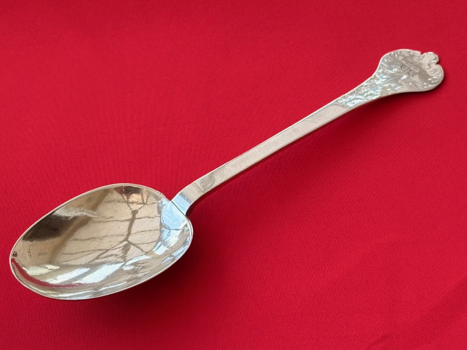 King Charles II 1683 Era English Sterling Silver Lace Back Trifid Tablespoon