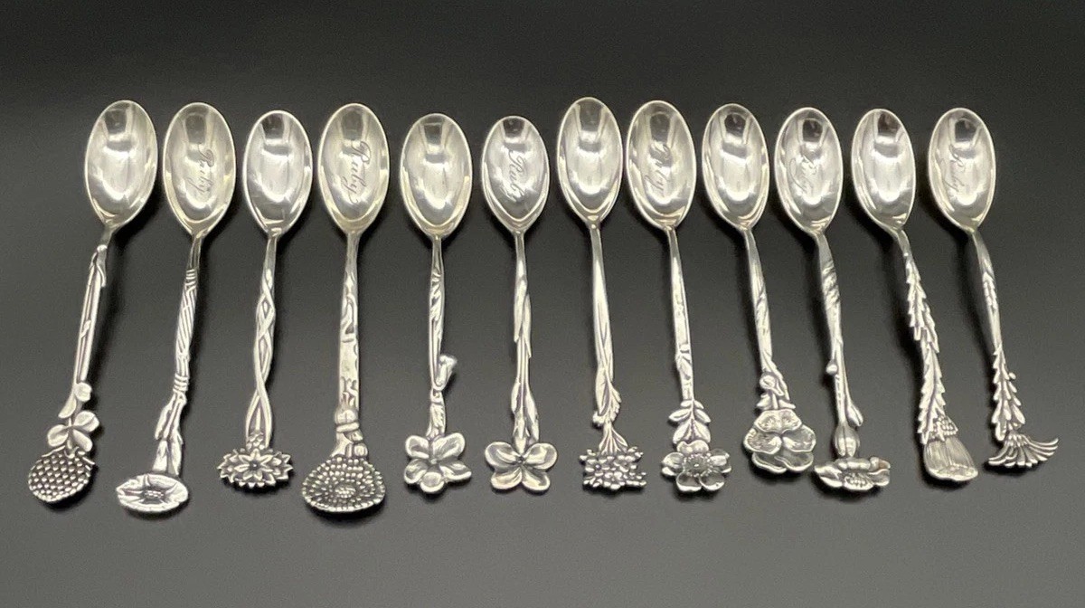 12 Pc Tiffany Sterling Silver Floral Series Demitasse Spoon Set 1885