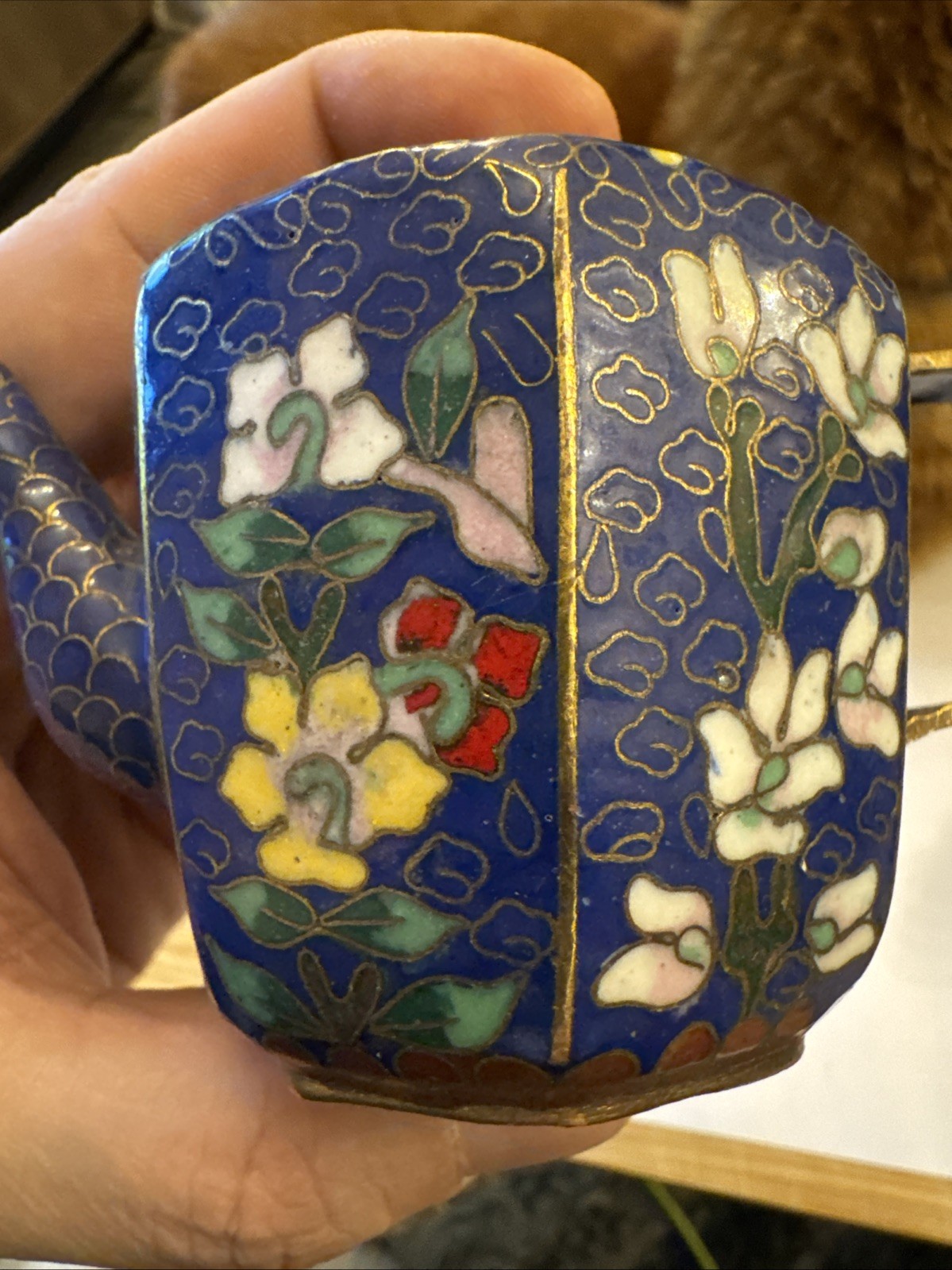 Chinese Cloisonné Teapot Blue Ground Floral Enamel c.1900