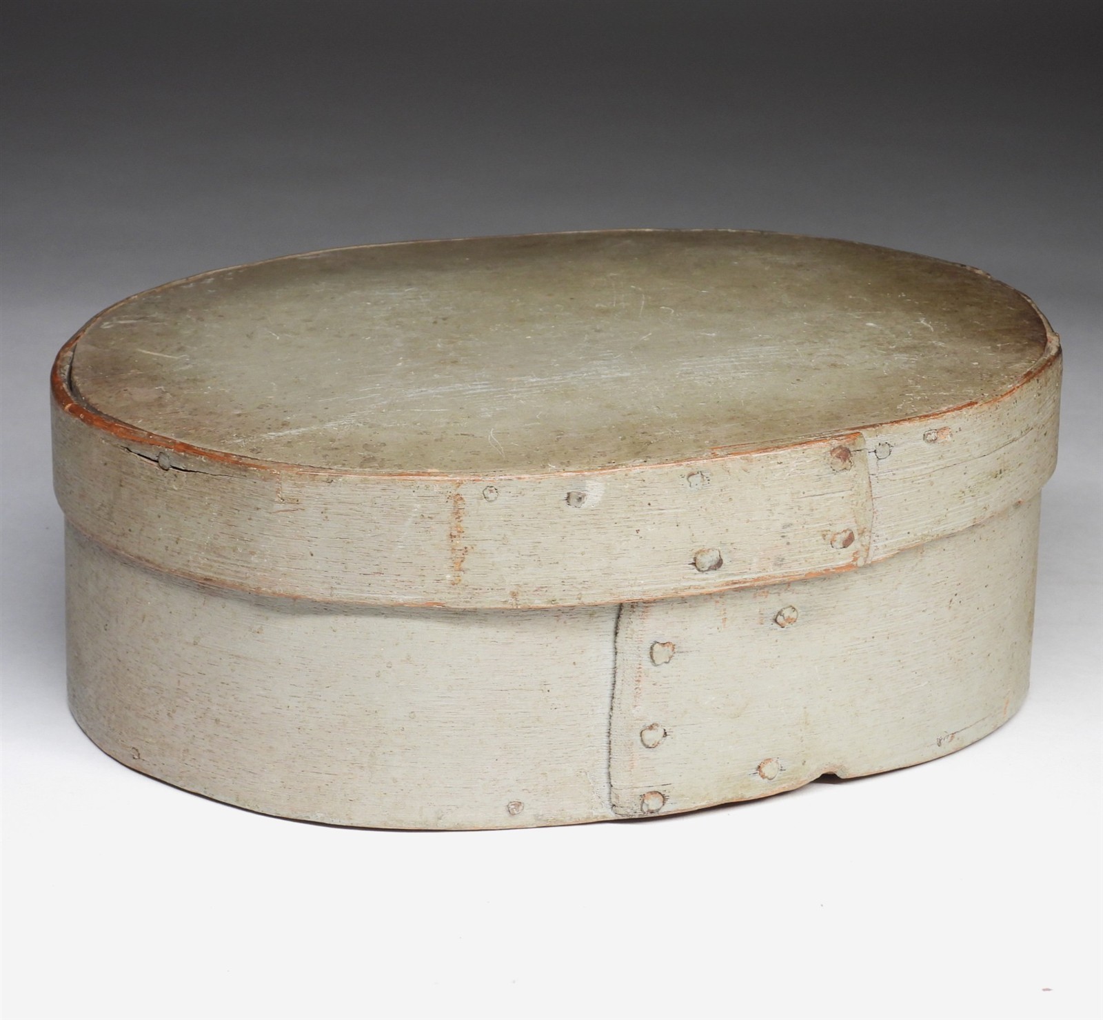 C.1850 Country Primitive Oval Sage Green/ Gray Painted Pantry Box – 11 3/4″