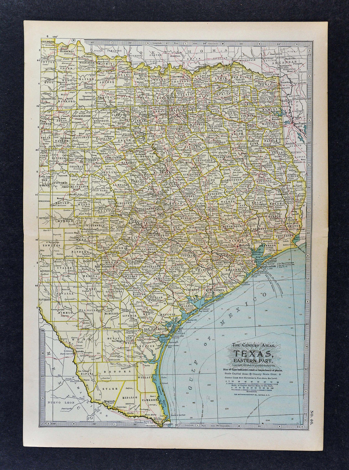 1911 Century Atlas Map – East Texas Austin Dallas Houston San Antonio Galveston