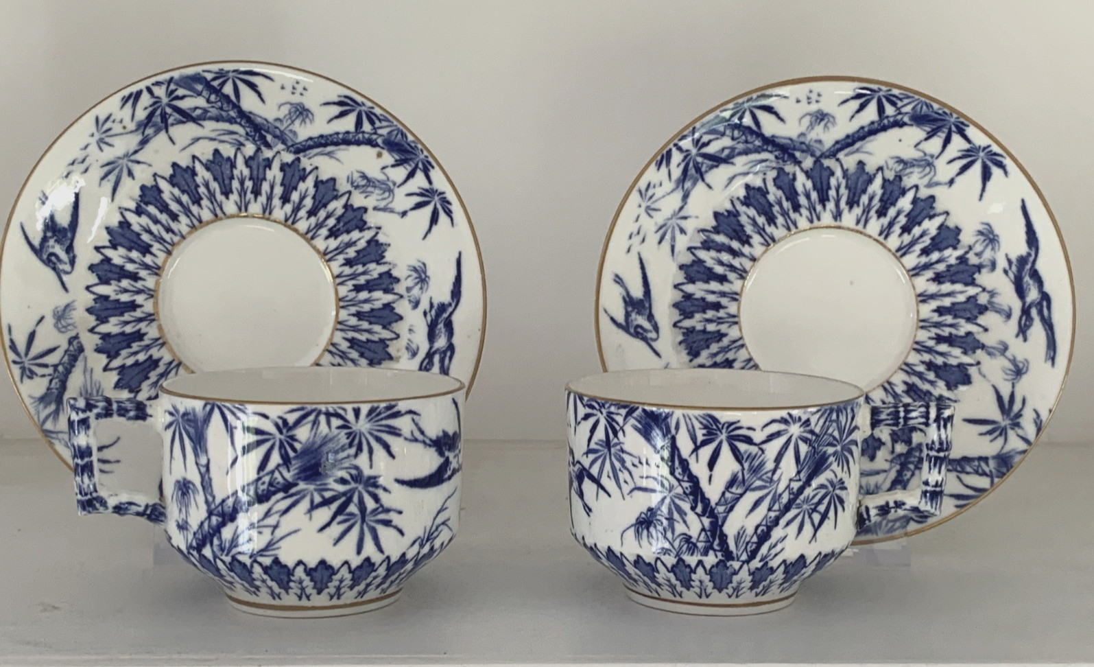 Rare EJD Bodley Aesthetic Movement Oriental Pattern Pair Cups and Saucers c 1879