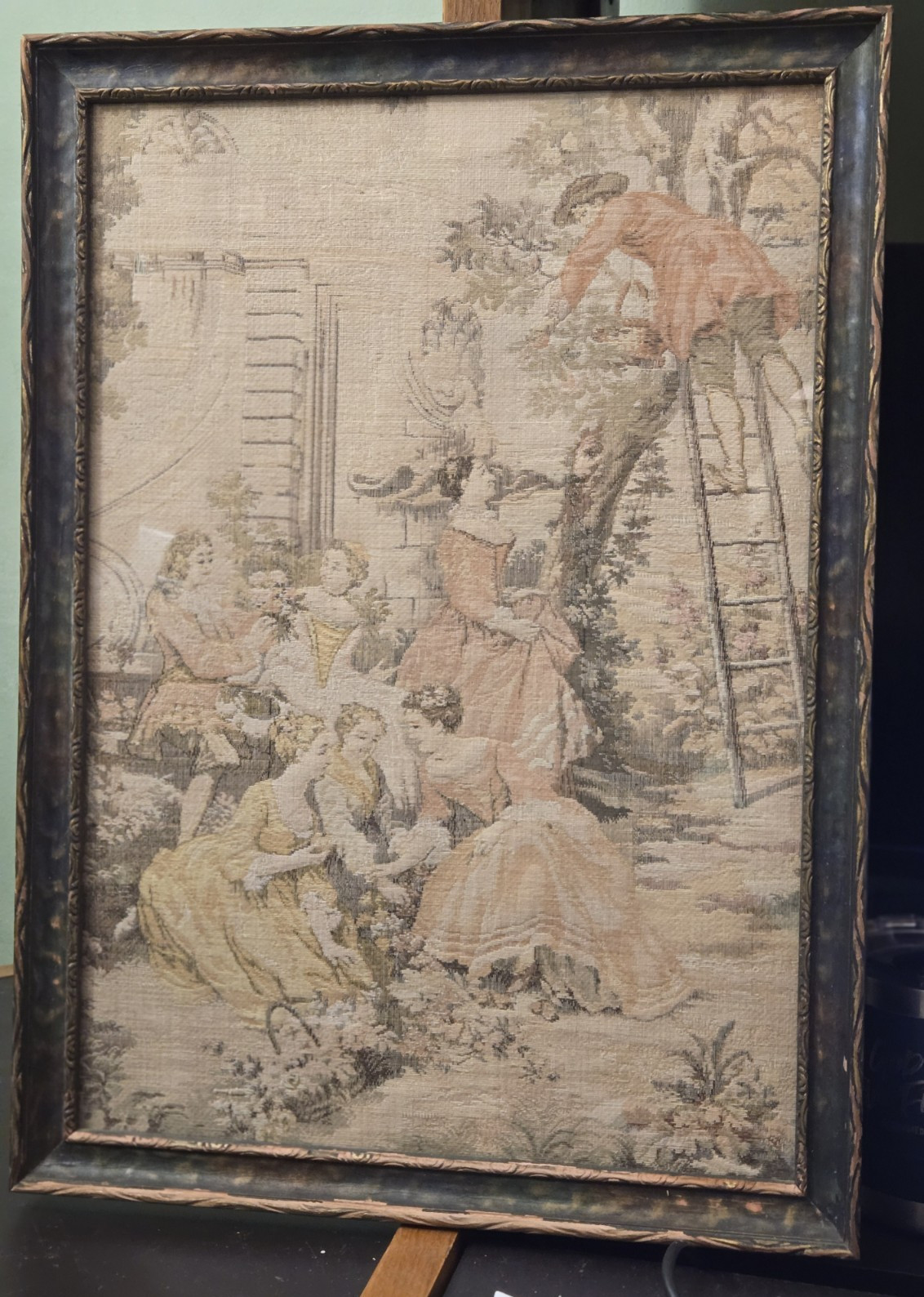 VTG 20thC-D’APRES MARCHETTI WOVEN TAPISTRY FRAMED HARVEST CELEBRAT1ON 13X18”