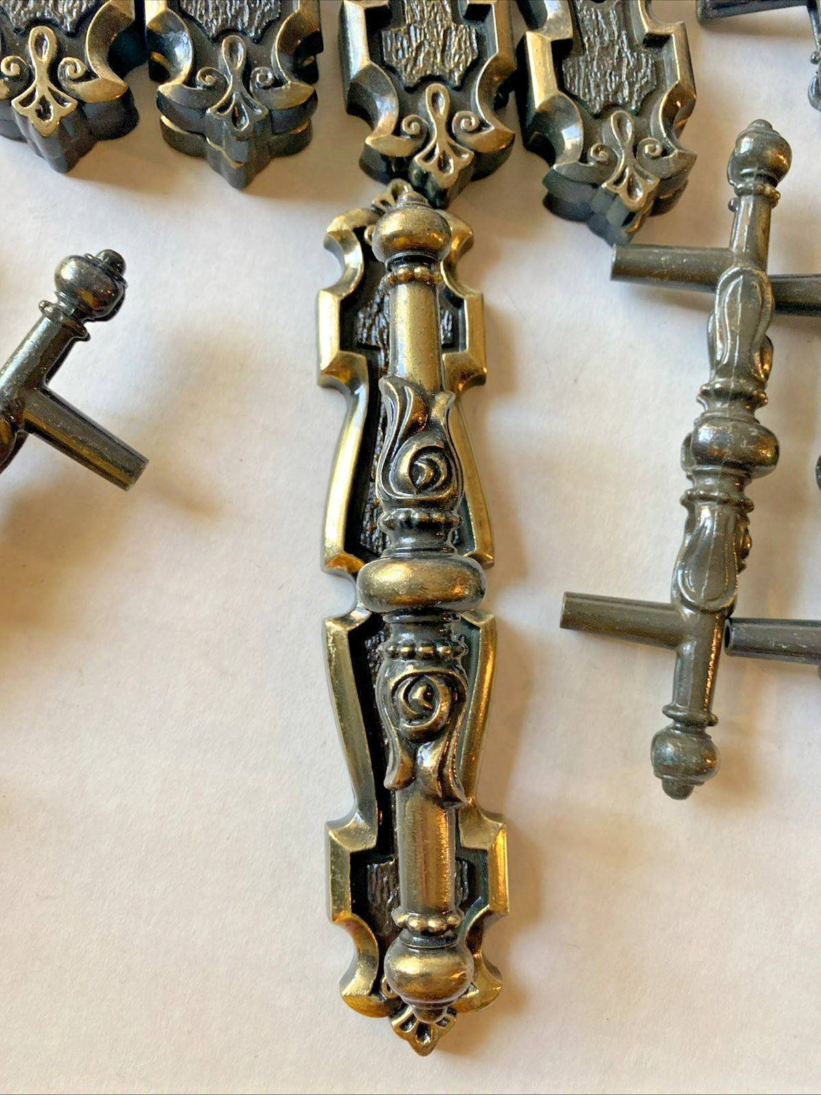 13 VTG Ajax Brass Drawer Pulls Ornate Cabinet Handles & Backplates Hardware Lot