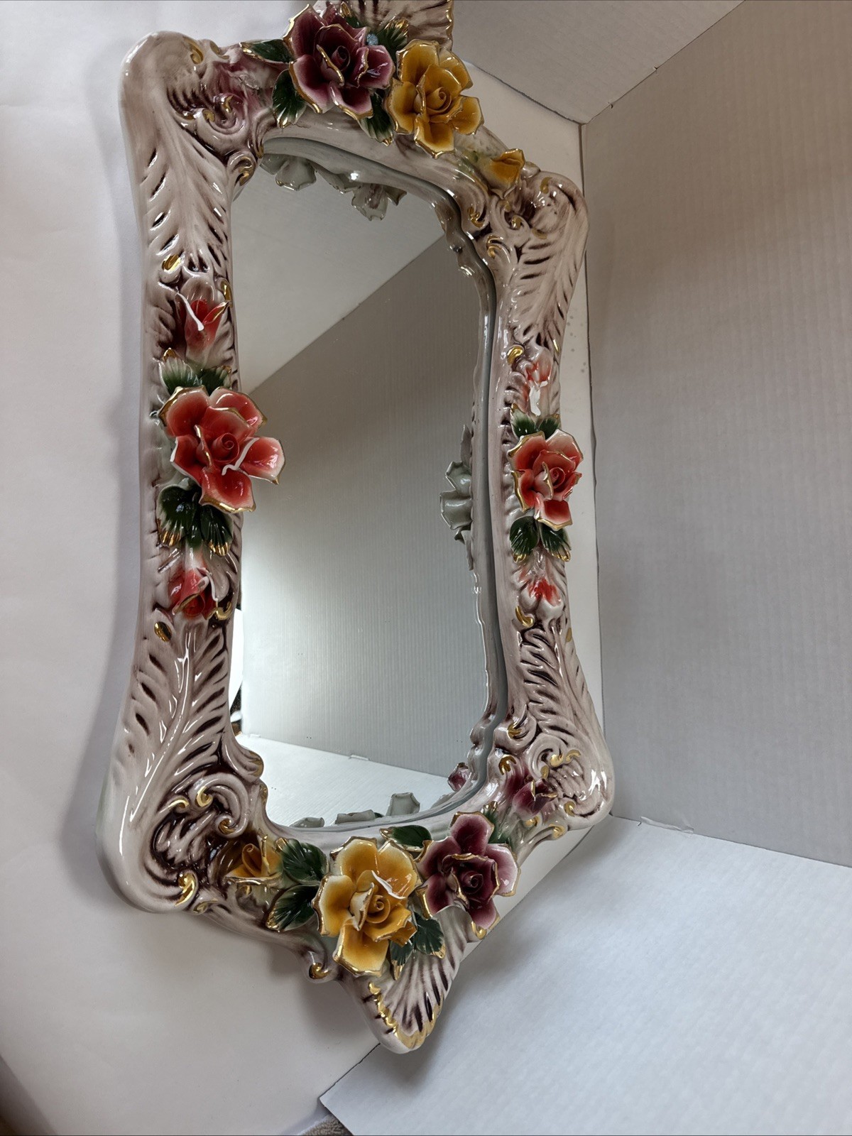 24k Gold Capodimonte Mirror X-Large Porcelain Floral Vanity Italy Antique