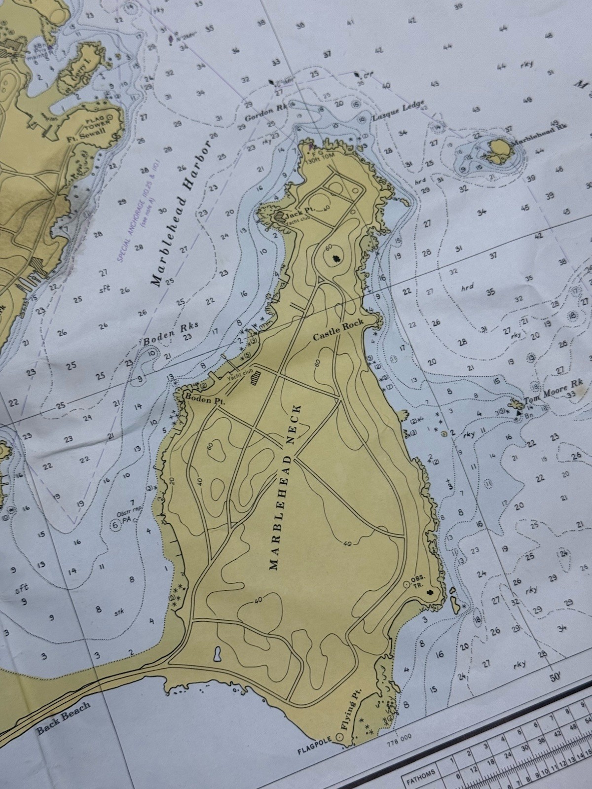 1972 SALEM, MARBLEHEAD, BEVERLY Nautical Chart HARBORS 33.5″ x 33.5″