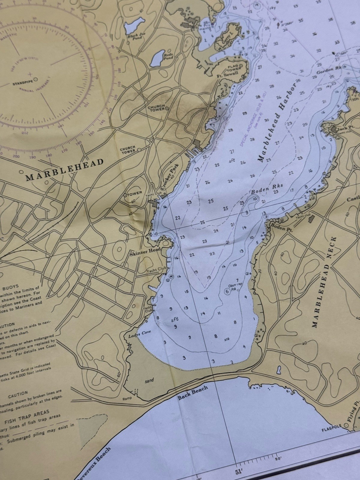 1972 SALEM, MARBLEHEAD, BEVERLY Nautical Chart HARBORS 33.5″ x 33.5″
