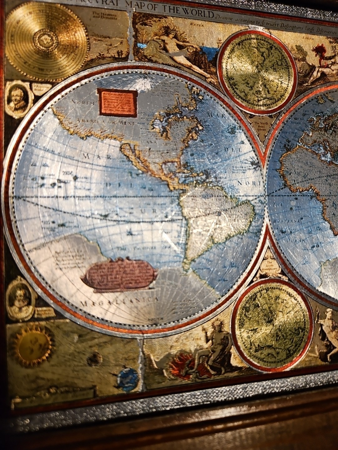 Vtg John Speed 1651 World Map Foiled Reproduction Framed 6×8 in 10×8 Wood Frame