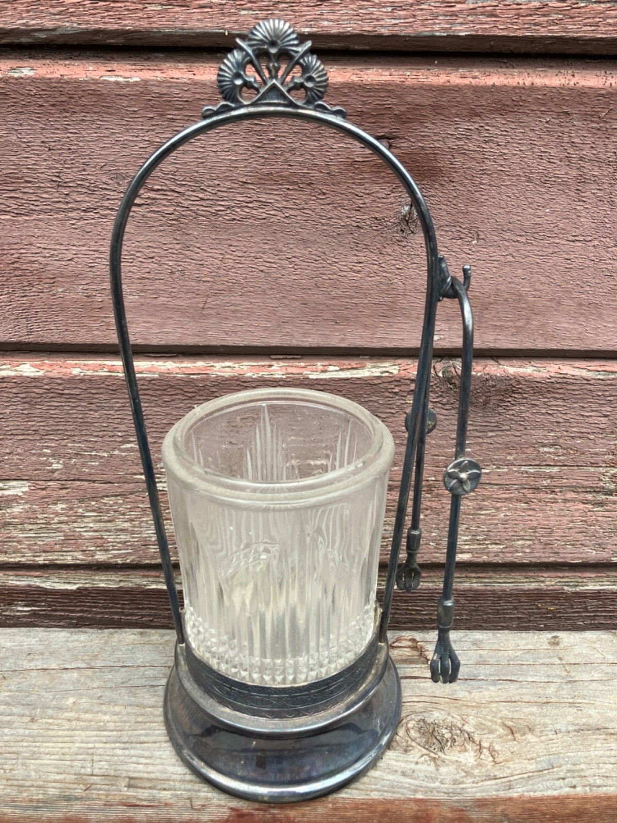 ANTIQUE VICTORIAN SILVERPLATE PICKLE CASTOR FRAME GLASS JAR & TONGS no lid