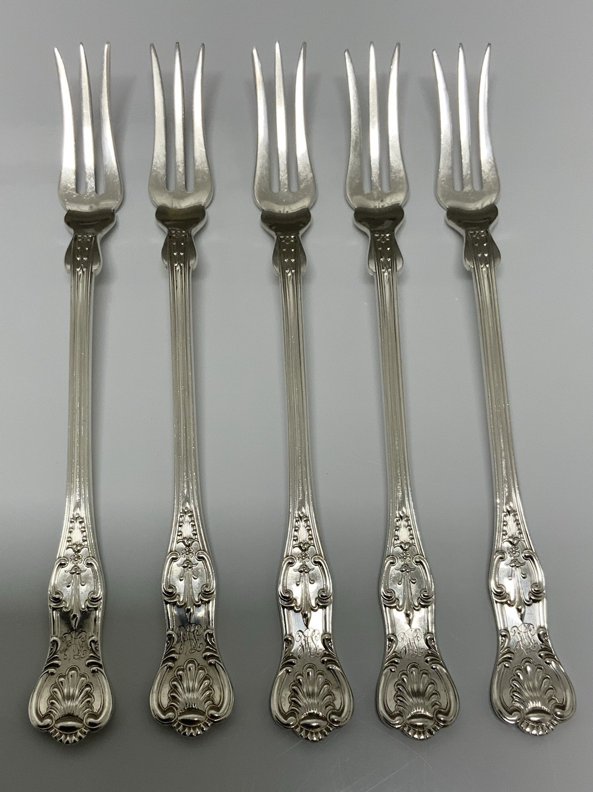 J.E. Caldwell Sterling Kings 5pc Set Cocktail Oyster Forks 6.25” Monogrammed
