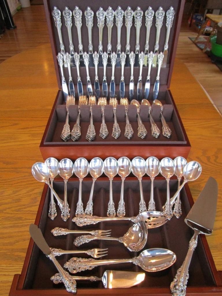 PERFECT WALLACE GRANDE BAROQUE STERLING FLATWARE SET-S-12+SERVERS+80P+MINT*****