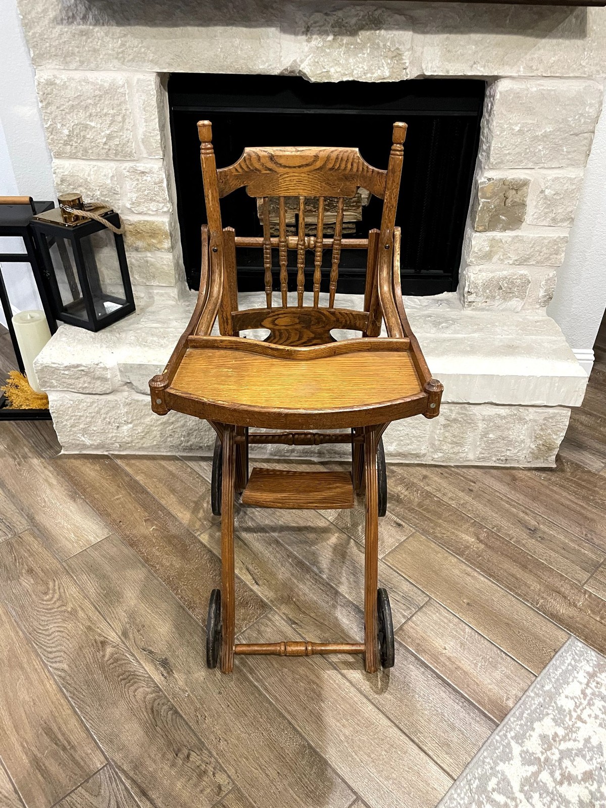 Antique Oak Convertible Child High Chair Stroller Cane Seat Wheels w/ Tray