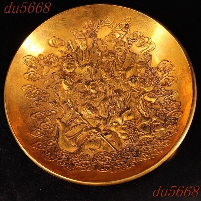 7.2″Chinese Ancient bronze 24k Gold Gilt Eight Immortals plate dish statue